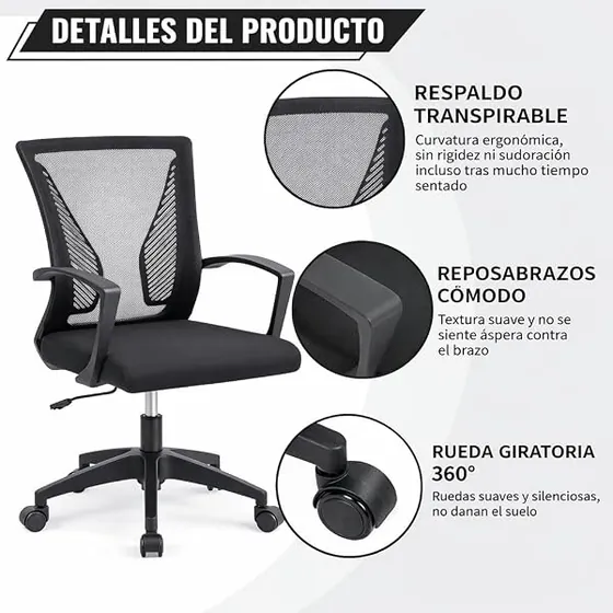 T-LoVendo de malla con 150 kg, silla de escritorio de color negro con respaldo de malla transpirable — imagen 4 de 6