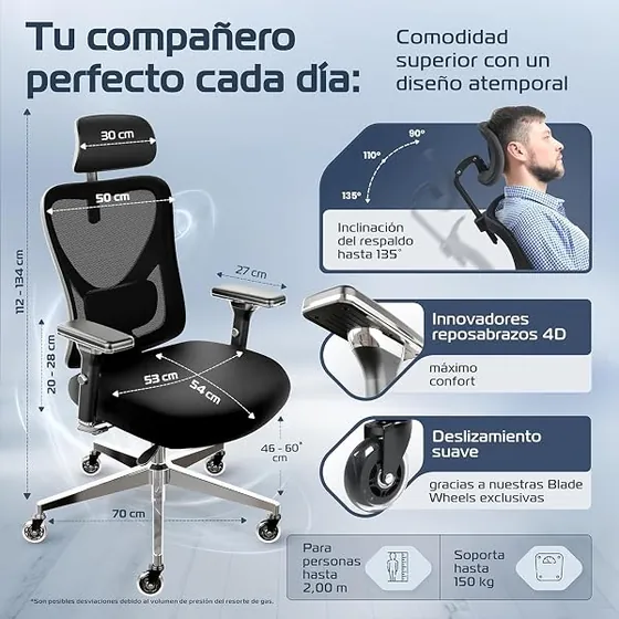 CLOUVOU CleverSeat, silla de escritorio de color negro 02 con respaldo de malla transpirable — imagen 3 de 6