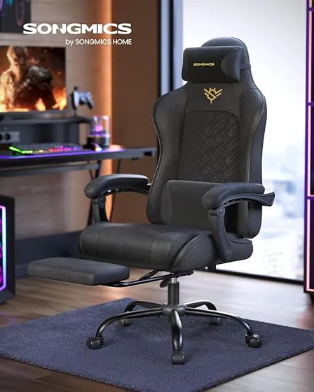 SONGMICS gaming con reposapiés, silla de escritorio de color negro tinta con respaldo de acolchado tapizado — imagen 2 de 6