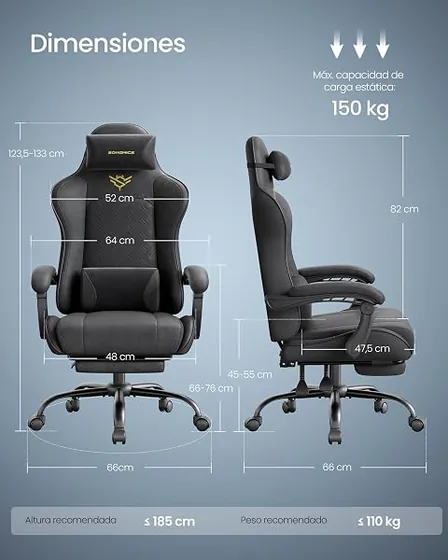 SONGMICS gaming con reposapiés, silla de escritorio de color negro tinta con respaldo de acolchado tapizado — imagen 3 de 6