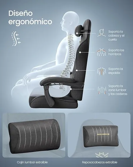 SONGMICS gaming con reposapiés, silla de escritorio de color negro tinta con respaldo de acolchado tapizado — imagen 6 de 6