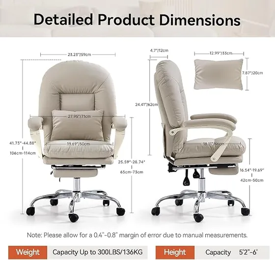 EMIAH con reposapiés, silla de escritorio de color beige con respaldo de piel sintetica — imagen 2 de 6