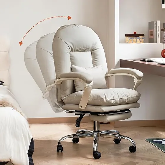 EMIAH con reposapiés, silla de escritorio de color beige con respaldo de piel sintetica — imagen 3 de 6