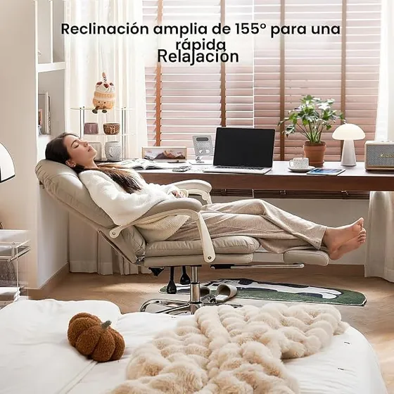 EMIAH con reposapiés, silla de escritorio de color beige con respaldo de piel sintetica — imagen 4 de 6