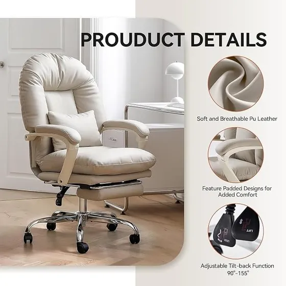 EMIAH con reposapiés, silla de escritorio de color beige con respaldo de piel sintetica — imagen 5 de 6