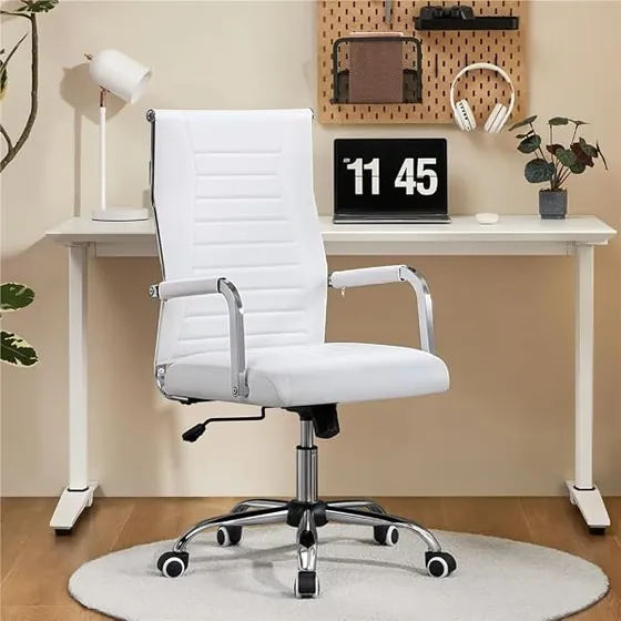 Yaheetech blanca de respaldo alto, silla de escritorio de color blanco con respaldo de piel sintetica — imagen 2 de 6