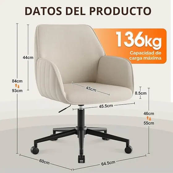 BERYTH de terciopelo, silla de escritorio de color beige con respaldo de acolchado tapizado — imagen 2 de 6