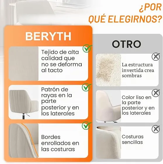 BERYTH de terciopelo, silla de escritorio de color beige con respaldo de acolchado tapizado — imagen 5 de 6