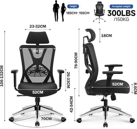 Ticova de respaldo alto, silla de escritorio de color negro con respaldo de malla transpirable — imagen 3 de 6