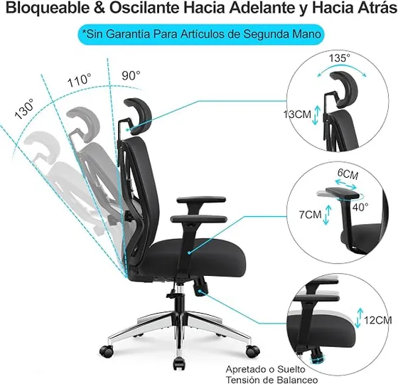 Ticova de respaldo alto, silla de escritorio de color negro con respaldo de malla transpirable — imagen 4 de 6