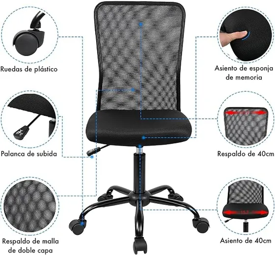 T-LoVendo compacta sin brazos, silla de escritorio de color negro - con respaldo de malla transpirable — imagen 4 de 6