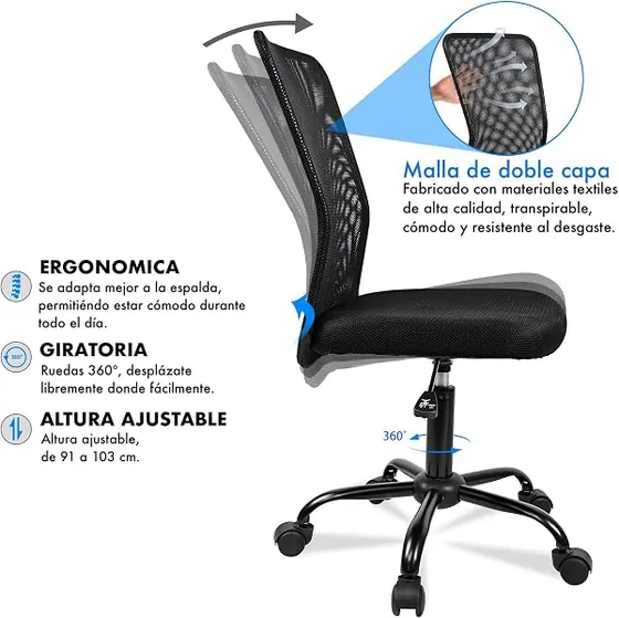 T-LoVendo compacta sin brazos, silla de escritorio de color negro - con respaldo de malla transpirable — imagen 6 de 6