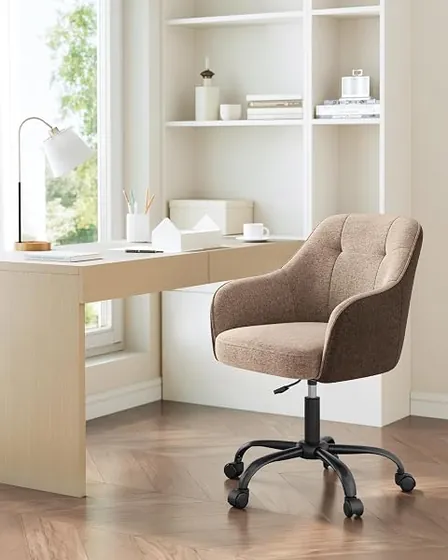 SONGMICS de tela estilo nórdico, silla de escritorio de color marrón con respaldo de acolchado tapizado — imagen 2 de 6