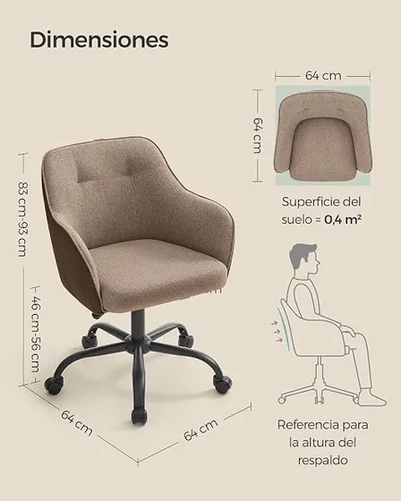 SONGMICS de tela estilo nórdico, silla de escritorio de color marrón con respaldo de acolchado tapizado — imagen 3 de 6