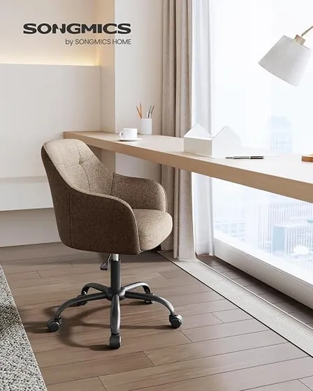 SONGMICS de tela estilo nórdico, silla de escritorio de color marrón con respaldo de acolchado tapizado — imagen 4 de 6