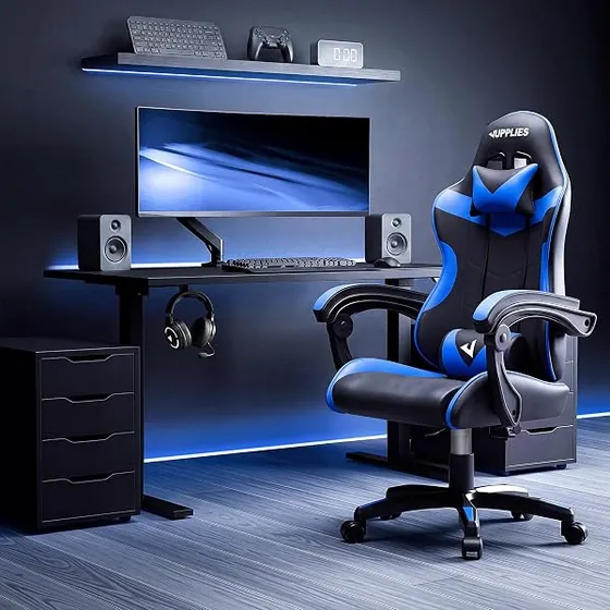 JUPPLIES gaming con masajeador, silla de escritorio de color azul con respaldo de acolchado tapizado — imagen 2 de 6