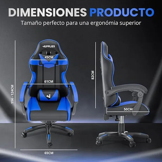 JUPPLIES gaming con masajeador, silla de escritorio de color azul con respaldo de acolchado tapizado — imagen 3 de 6