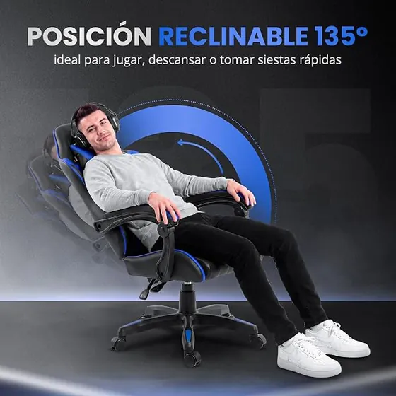JUPPLIES gaming con masajeador, silla de escritorio de color azul con respaldo de acolchado tapizado — imagen 4 de 6