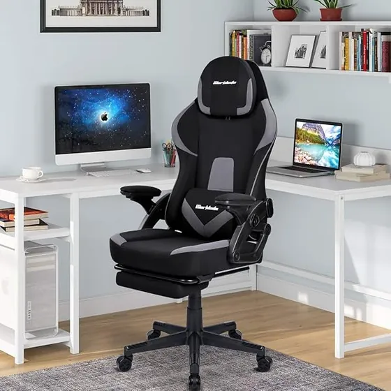 T-LoVendo gamer de tela antimanchas, silla de escritorio de color negro/gris con respaldo de acolchado tapizado — imagen 2 de 6