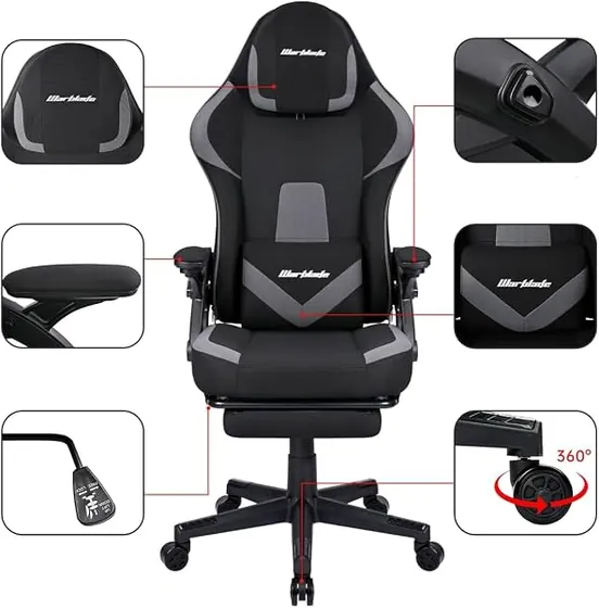 T-LoVendo gamer de tela antimanchas, silla de escritorio de color negro/gris con respaldo de acolchado tapizado — imagen 4 de 6
