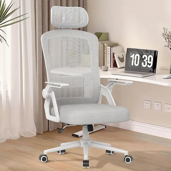 naspaluro con reposabrazos abatibles, silla de escritorio de color gris con respaldo de malla transpirable — imagen 2 de 6
