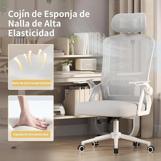 naspaluro con reposabrazos abatibles, silla de escritorio de color gris con respaldo de malla transpirable — imagen 3 de 6