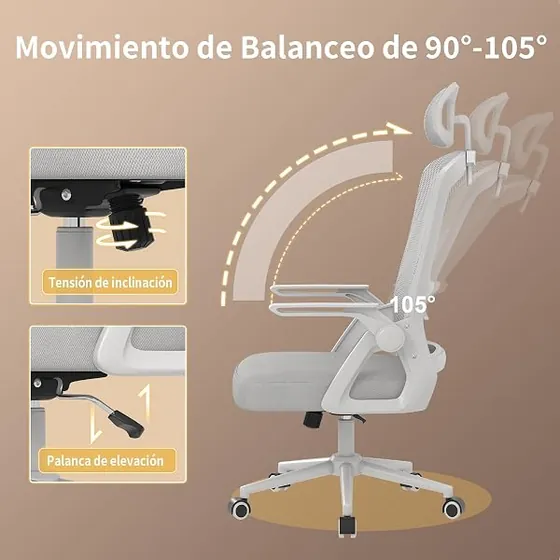 naspaluro con reposabrazos abatibles, silla de escritorio de color gris con respaldo de malla transpirable — imagen 5 de 6