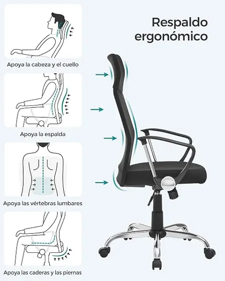 SONGMICS giratoria tapizada, silla de escritorio de color negro con respaldo de piel sintetica — imagen 4 de 6