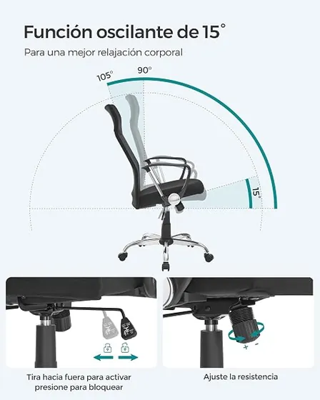 SONGMICS giratoria tapizada, silla de escritorio de color negro con respaldo de piel sintetica — imagen 5 de 6
