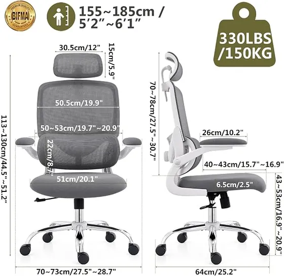 TONFARY de respaldo alto, silla de escritorio de color blanco+gris con respaldo de malla transpirable — imagen 2 de 6