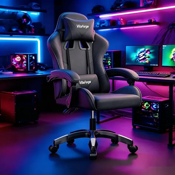 VitaForge compacta de PU, silla de escritorio de color negro puro con respaldo de piel sintetica — imagen 2 de 6