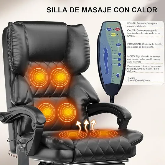 naspaluro con masaje y calefacción, silla de escritorio de color negro mate con respaldo de piel sintetica — imagen 4 de 6
