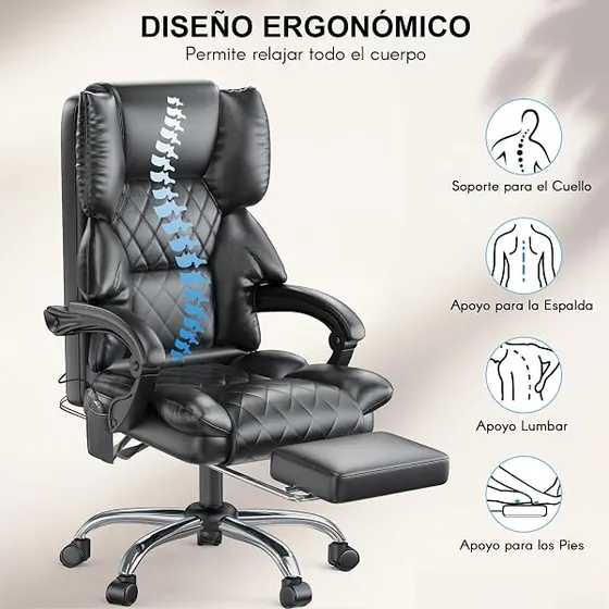naspaluro con masaje y calefacción, silla de escritorio de color negro mate con respaldo de piel sintetica — imagen 5 de 6
