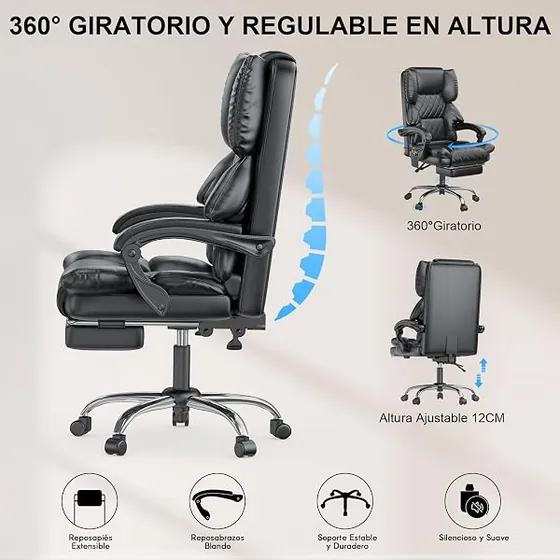 naspaluro con masaje y calefacción, silla de escritorio de color negro mate con respaldo de piel sintetica — imagen 6 de 6
