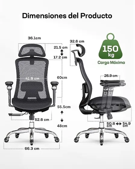 Marsail Big&Tall 6D, silla de escritorio de color negro con respaldo de malla transpirable — imagen 2 de 6