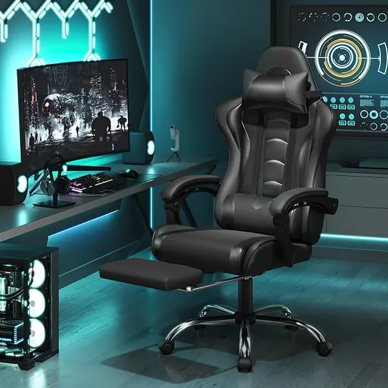 Yaheetech gaming con masaje y USB, silla de escritorio de color negro con respaldo de acolchado tapizado — imagen 2 de 6
