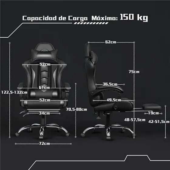 Yaheetech gaming con masaje y USB, silla de escritorio de color negro con respaldo de acolchado tapizado — imagen 3 de 6