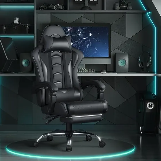Yaheetech gaming con masaje y USB, silla de escritorio de color negro con respaldo de acolchado tapizado — imagen 6 de 6