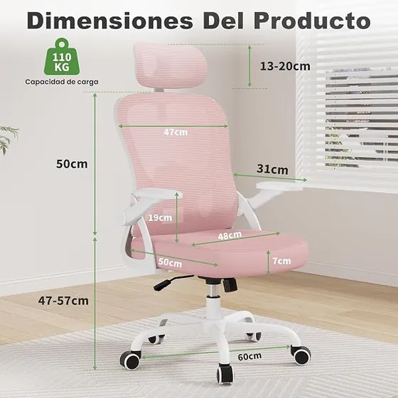 rattantree con reposacabezas 2D, silla de escritorio de color rosado con respaldo de malla transpirable — imagen 2 de 6