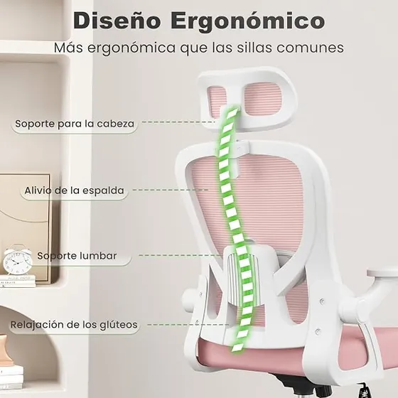rattantree con reposacabezas 2D, silla de escritorio de color rosado con respaldo de malla transpirable — imagen 3 de 6