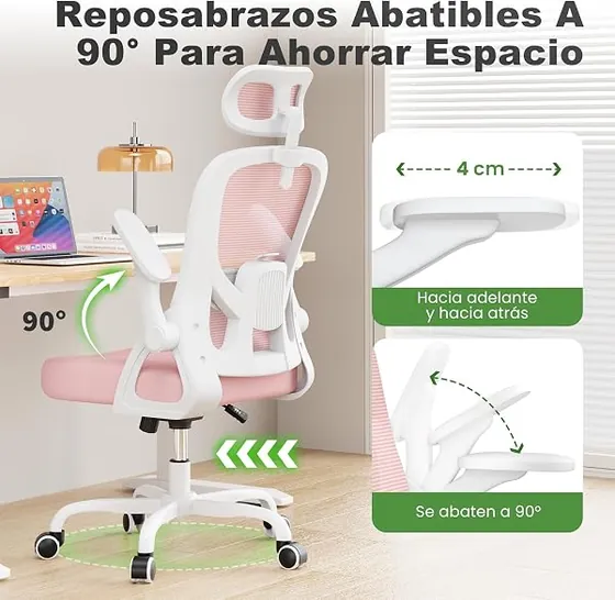 rattantree con reposacabezas 2D, silla de escritorio de color rosado con respaldo de malla transpirable — imagen 5 de 6