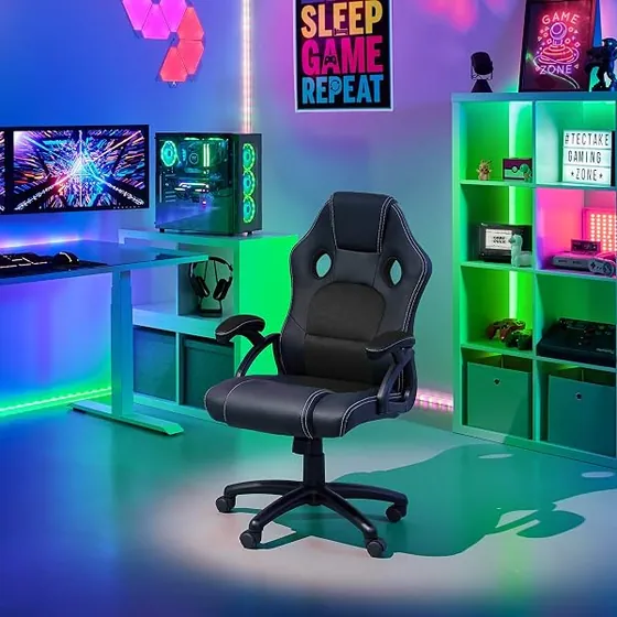 tectake acolchada tipo racing, silla de escritorio de color negro/negro con respaldo de piel sintetica — imagen 2 de 6