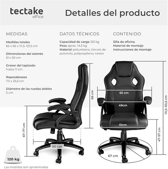 tectake acolchada tipo racing, silla de escritorio de color negro/negro con respaldo de piel sintetica — imagen 3 de 6