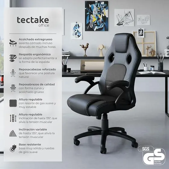 tectake acolchada tipo racing, silla de escritorio de color negro/negro con respaldo de piel sintetica — imagen 4 de 6
