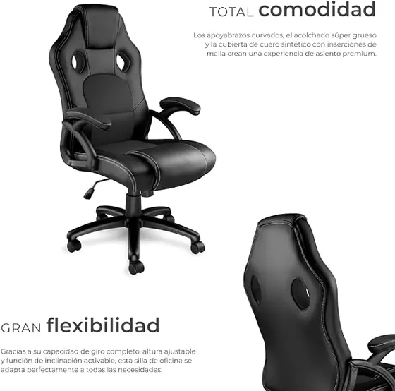 tectake acolchada tipo racing, silla de escritorio de color negro/negro con respaldo de piel sintetica — imagen 5 de 6