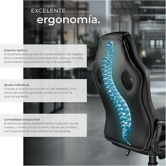 tectake acolchada tipo racing, silla de escritorio de color negro/negro con respaldo de piel sintetica — imagen 6 de 6