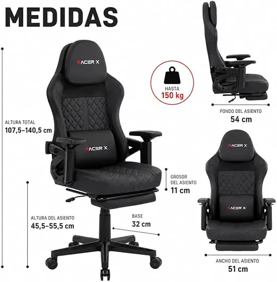 T-LoVendo Racer X gaming, silla de escritorio de color negro con respaldo de piel sintetica — imagen 3 de 6