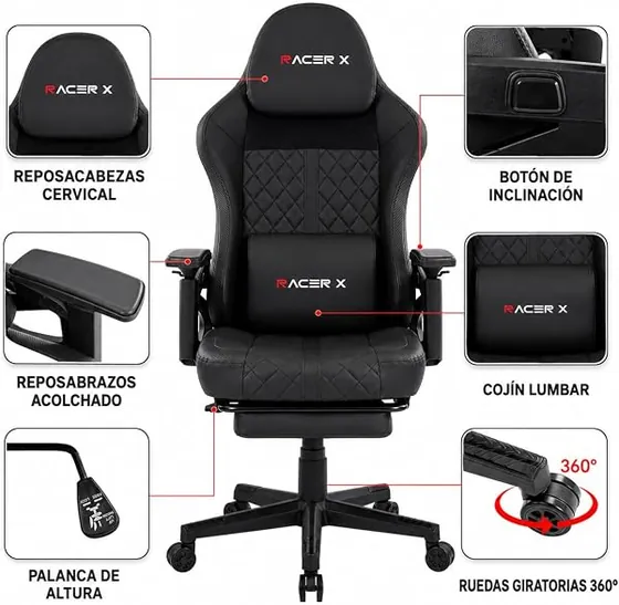 T-LoVendo Racer X gaming, silla de escritorio de color negro con respaldo de piel sintetica — imagen 4 de 6