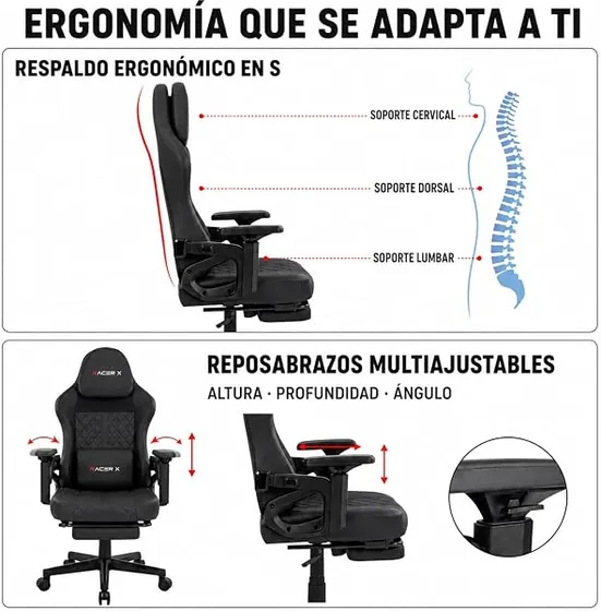 T-LoVendo Racer X gaming, silla de escritorio de color negro con respaldo de piel sintetica — imagen 6 de 6